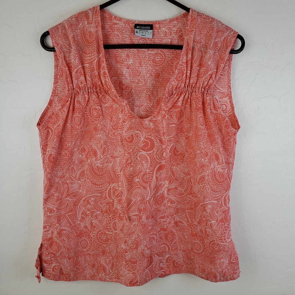 Columbia Shirt Women's Medium Salmon White‎ Floral Sleeveless Top Outdoor Casual